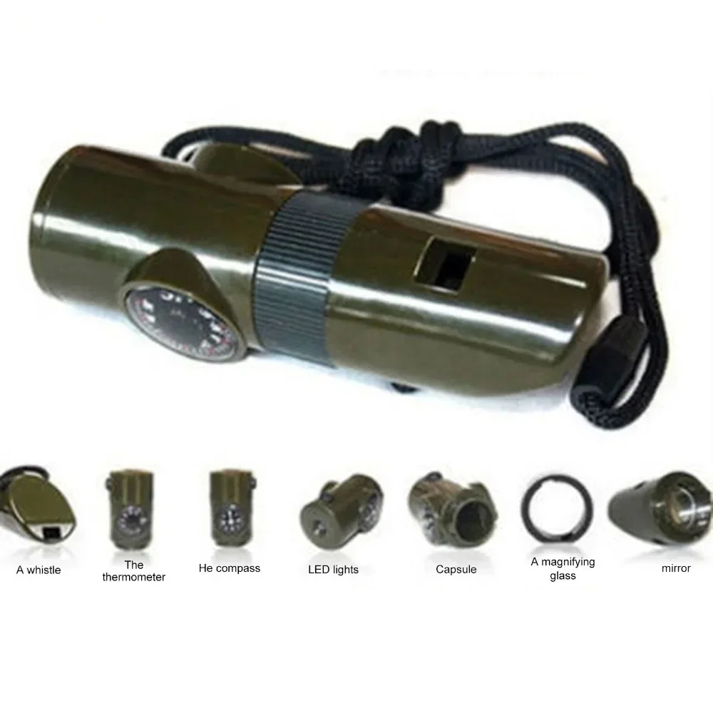 Sifflet de survie 7 en 1 pour randonnée dans la jungle, accessoire d'urgence avec boussole, miroir, lampe de poche, loupe, lumière LED, outil de rangement Therye.com