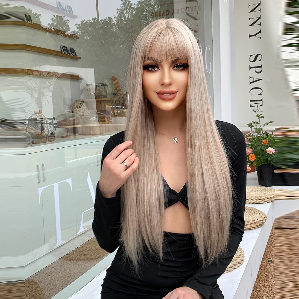 Europe And The United States Wind Wig Female Long Straight Hair Qi Bangs Ash Blonde Wig Sets Realistic Natural Simulation Wig