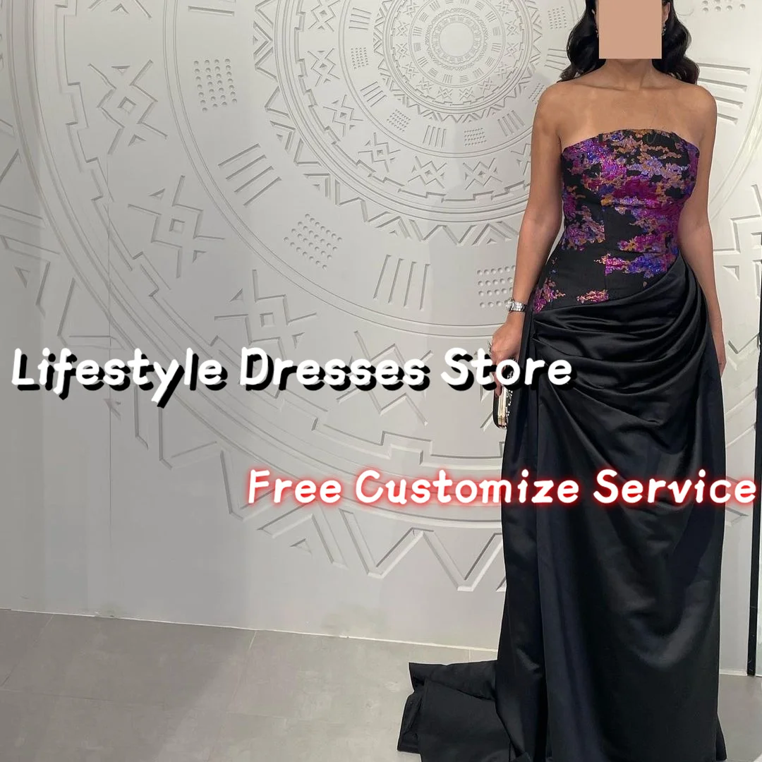 Customized Strapless Purple Printing Prom Dresses Long Satin Black Evening Dress Floor-Length Party Dress For Formal Occasion