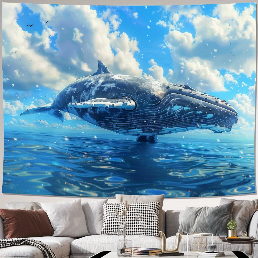 Whale in Sky-Sea Tapestry 2D Digital Print Polyester Wall Hanging Living Room Bedroom Office Studio Decor with Hooks