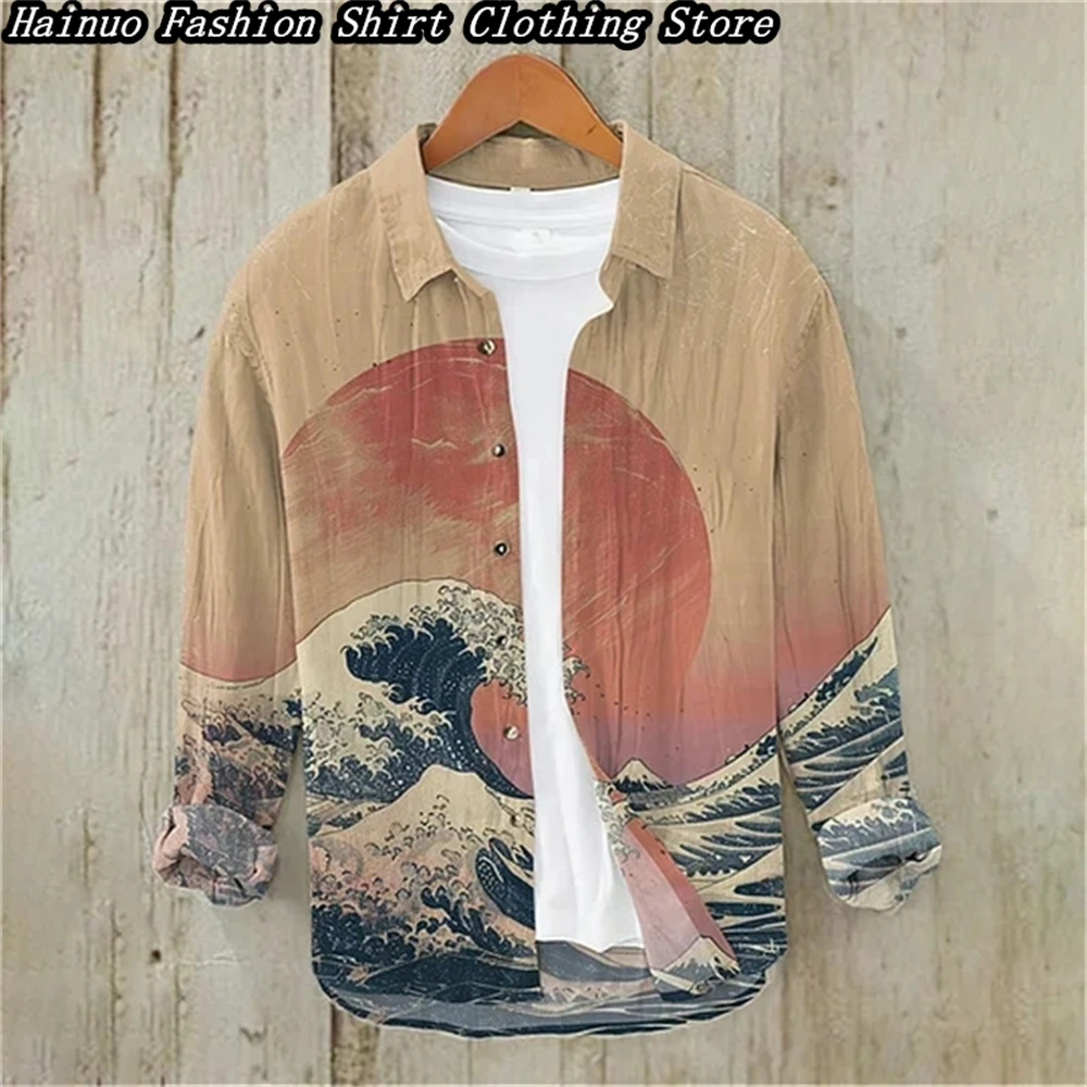 

European and American popular men's shirts, summer leisure vacation, home shopping, retro linen long-sleeved shirts, 15 XS-6XL