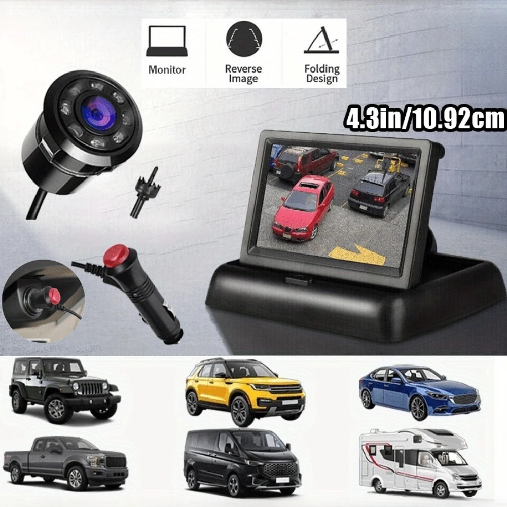 4.3-Inch Foldable Monitor HD Night Vision Wide-Angle Reversing Camera System Kit, Plug And Play,  for easy to Install view 5