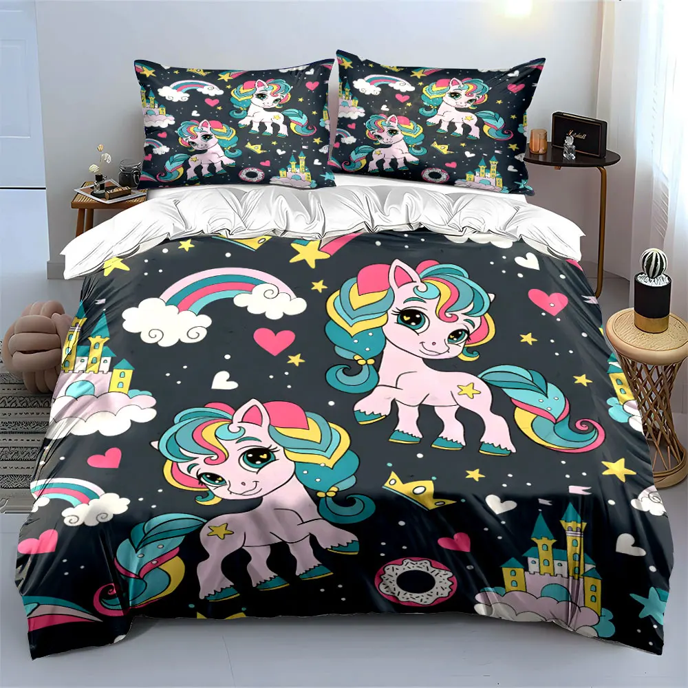 Dreamy unicorns with rainbow castle backdrop Print Bedding set 3PC 1duvet cover 2pillowcases adult and children bedding set
