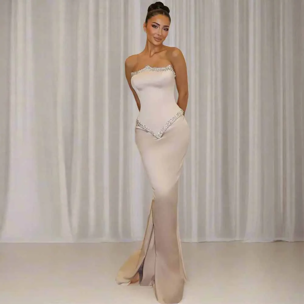 

Сексуальные платья для дня рождения, атласное платье русалки/трубы, платье знаменитости цвета шампанского, без бретелек, со стразами, длинное вечернее платье с разрезом по бокам