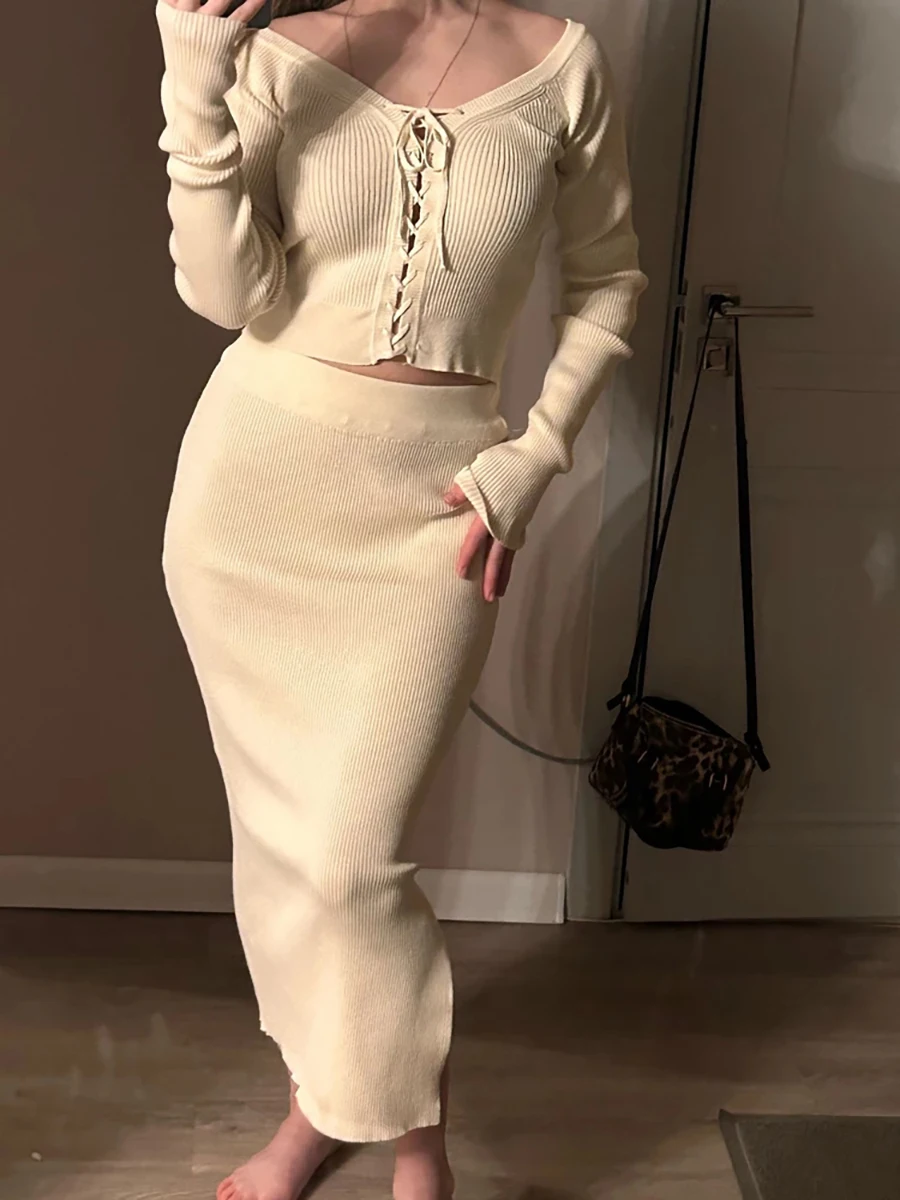 

Women's Sweater Shirt Skirt Dress Set Sexy Tight Knit Suit Women's Long Sleeve Knitted Suit With A Skirt Two Set