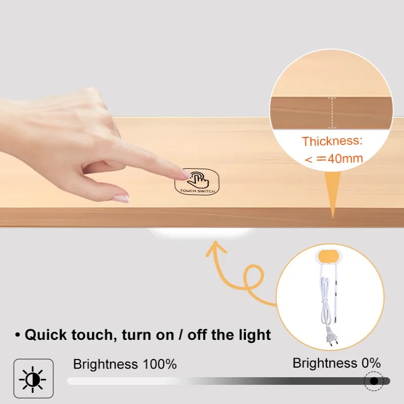 

Сенсорные выключатели LED, подходящие для шкафов толщиной до 40 мм, напряжение AC 110V-220V, с функциями включения/выключения и регулировки яркости.