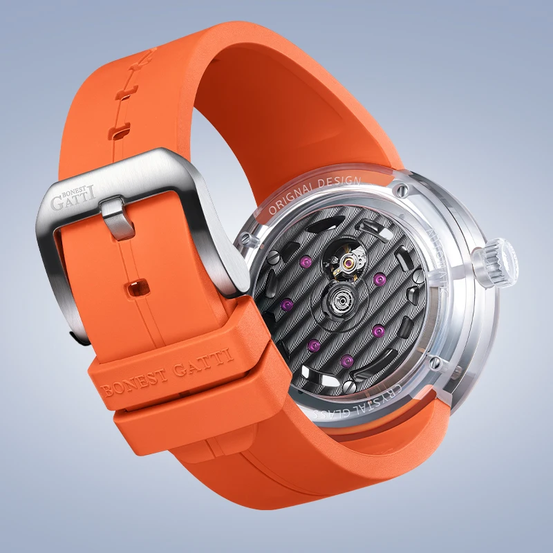 BONEST GATTI Automatic Watch Luxury Mechanical Movement Wristwatch Waterproof  Rubber Band Glass Case Watches For Men