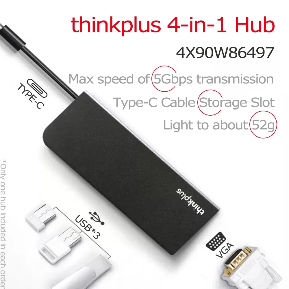 

Thinkplus USB-C Концентратор 4-в-1 4X90W86497 Малый размер 3 USB-A 3.1 Gen1 VGA 5 Гбит/с Компактная удобная док-станция