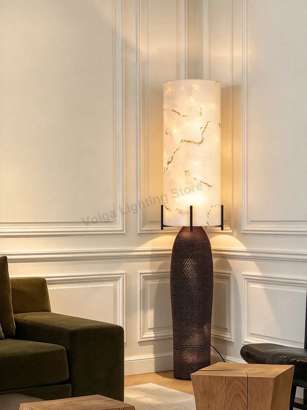 Vintage Room Decoration Large Floor Lamp Led High-end Living Room Villa Duplex Decor Imitation Marble Standing Light Brown