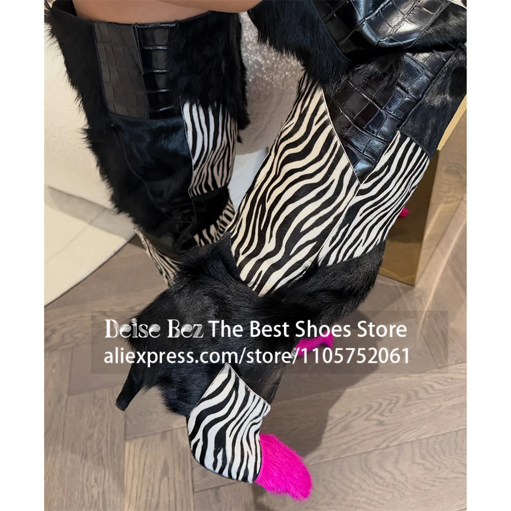 Zebra Faux Fur Patchwork Over the Knee Boots Mixed Material Animal Print Furry Boots for Winter Patchwork Pointed Stiletto Boots