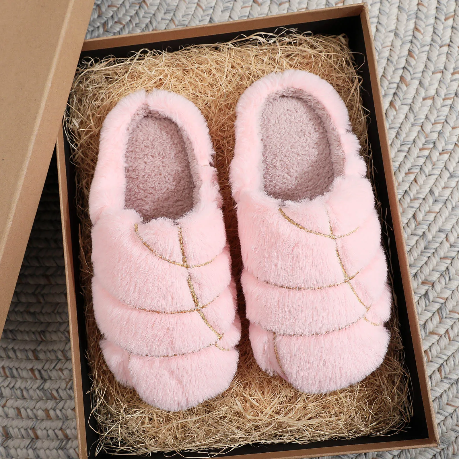 

New Christmas Slippers For Men And Women At Home Cozy Solid Color Conchas Winter Fluffy Warm Comfortable Indoor Slippers