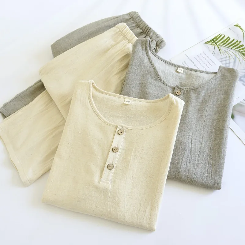2026 Spring and Autumn New Men's Pajama Set All Cotton Cotton Hemp Pajama Men's Simple Long Sleeve Large Home Furnishing Set