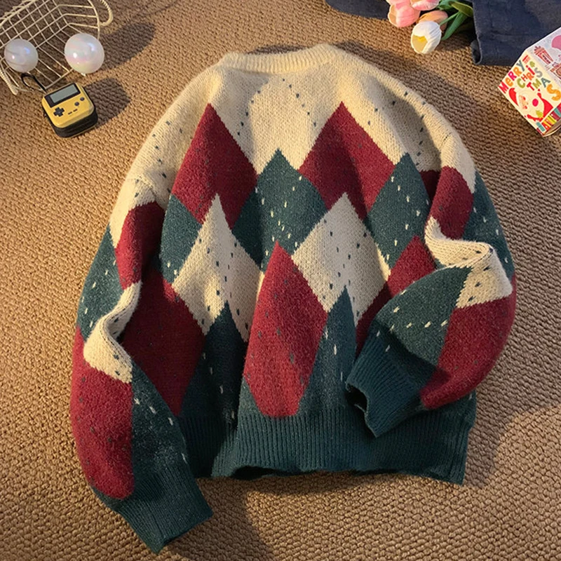 

Новинка 2025, мужской свитер с узором Argyle, ретро трикотаж с цветными блоками, свободный крой, унисекс, вязаный топ, модный рождественский свитер