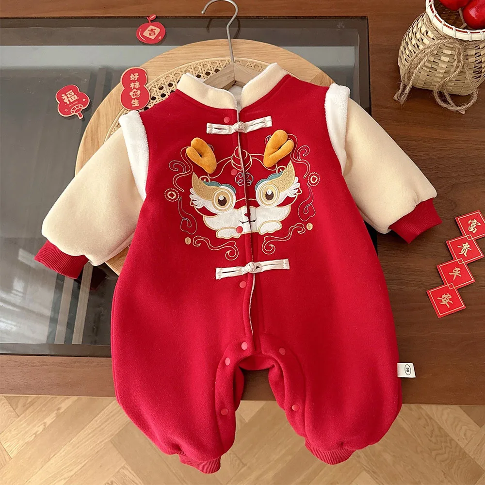 Baby Girl Onesie Fleece Thicken Warm Winter Newborn Clothes Chinese Style New Year Baby Boy Romper Christmas Jumpsuit