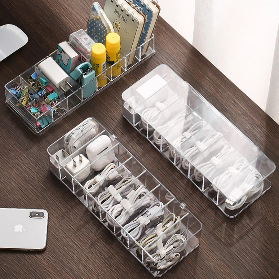 

1PC Square Data Cable Storage Box Mobile Phone Charging Cable Charger Division Finish Household Desktop Transparent Storage Box