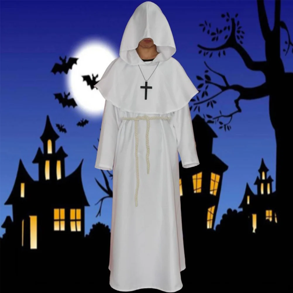 

Halloween Costumes Cosplay Suit Wizard Uniform Hooded Medieval Monk Robe White Miss