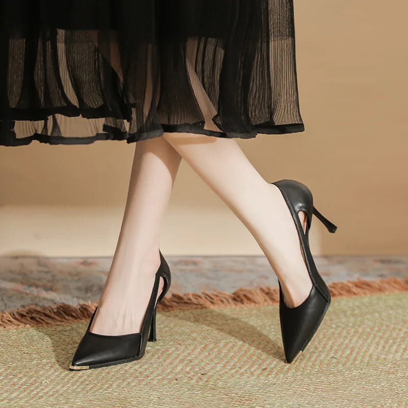

2026 New Women Black Pointed Toe High Heels Pumps with Cutout Design & Metal Toe Cap Stiletto Office Party Shoes Size 31-43