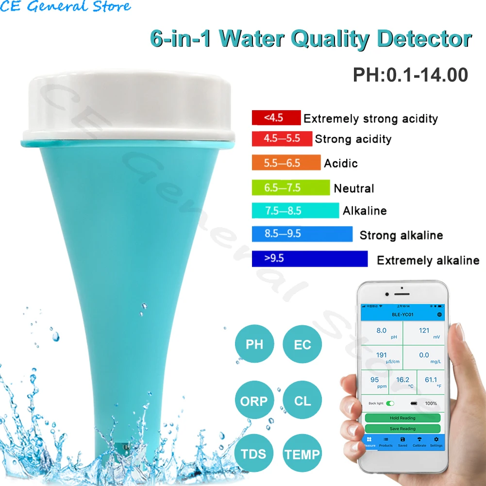 Bluetooth-compatible PH Meter Digital PH Tester 6-in-1 PH/TDS/EC/CL/ORP/Temp Meter High Accuracy Water Quality Tester