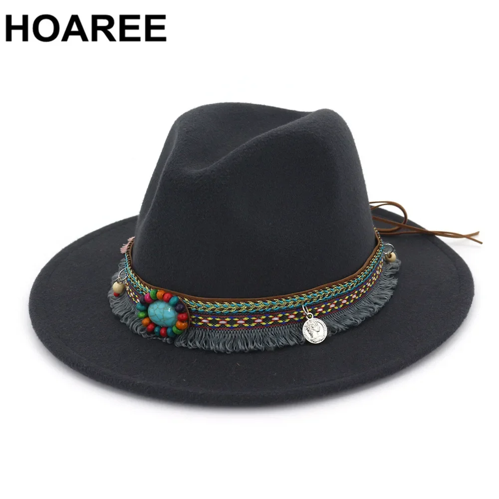 

HOAREE Black Fedora Hat Ladies Vintage Felt Hat with Tassels Belt Women Ethnic Wide Brim Autumn Winter New Design Trilby Cap