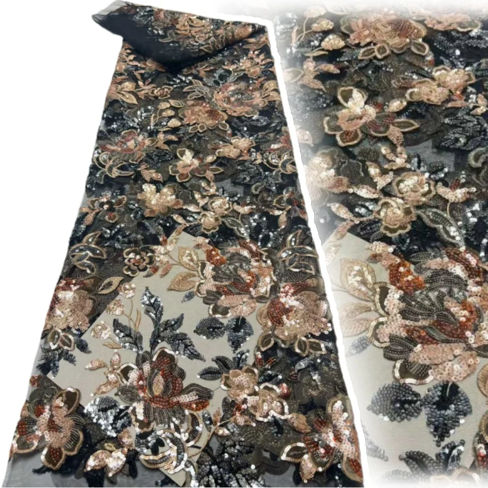 

Hot Sale Africa 3D Sequin Lace Fabric 2025 High Quality French Nigerian Beaded Lace for Bridal Wedding Party Dress Sewing AH1686