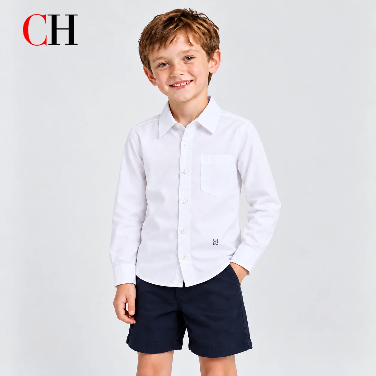 CH Children Button Down Shirt Long Sleeve Turn Down Collar Breathable Woven Material Small Chest Embroidery Basic Kids Wear