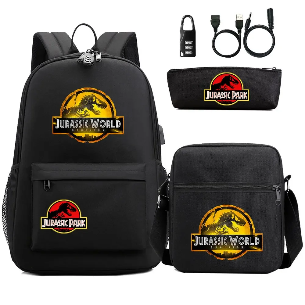 

Dinosaur Jurassic Park World 3Pcs USB Anti-theft Lock Boy Girl Kids School Book Bags Travel Backpack Shoulder Bag Pen Bag