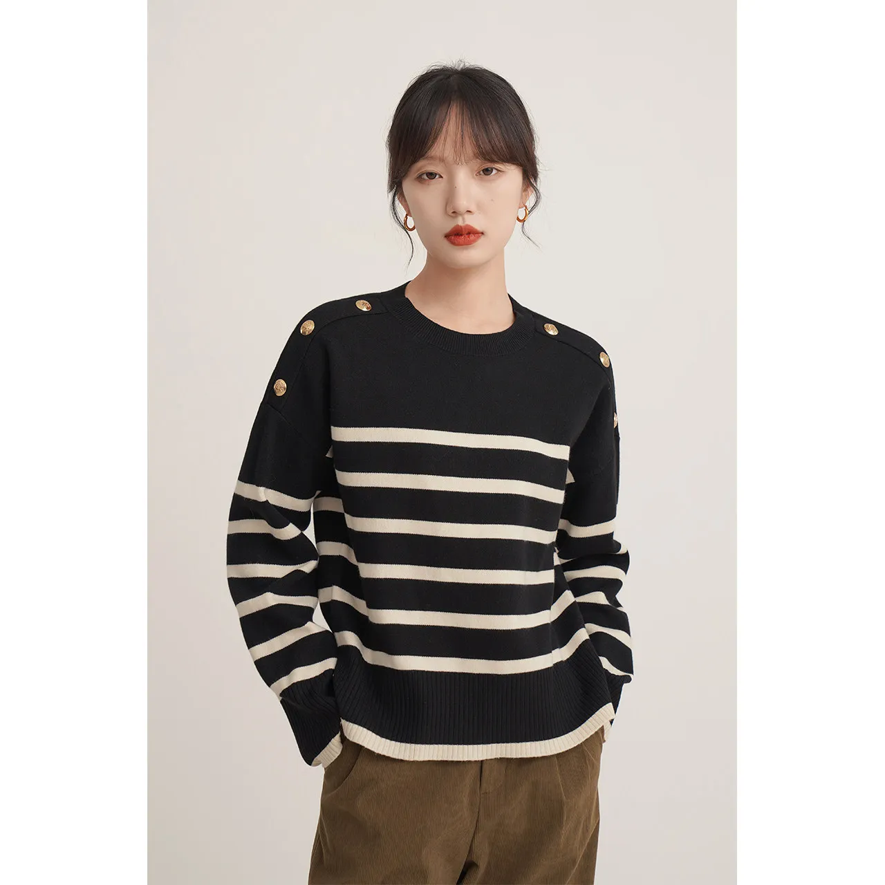 Striped cashmere sweater new design sense niche button casual shirt loose sweater