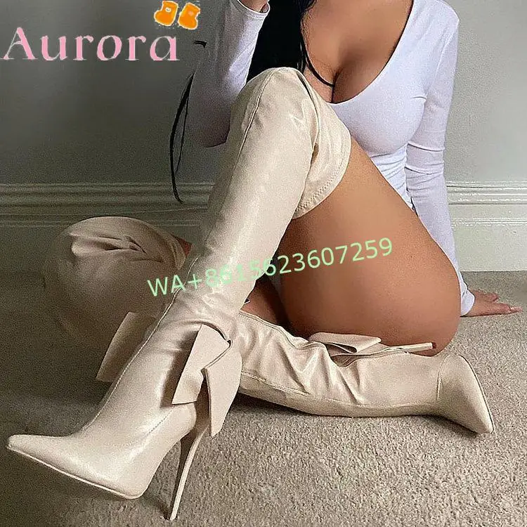 

Bow Personalized Design New Style Women's Autumn Sweetest Around Over The Knee Boots Leather Pointed Toe Long Boots Large Size