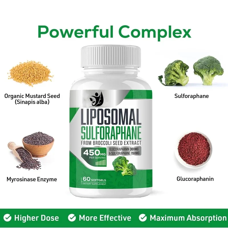 Liposomal Sulforaphane 450mg, Glucosamine Containing Inosinase, Broccoli Seed Extract Antioxidant Supplement, 60 Soft Capsules