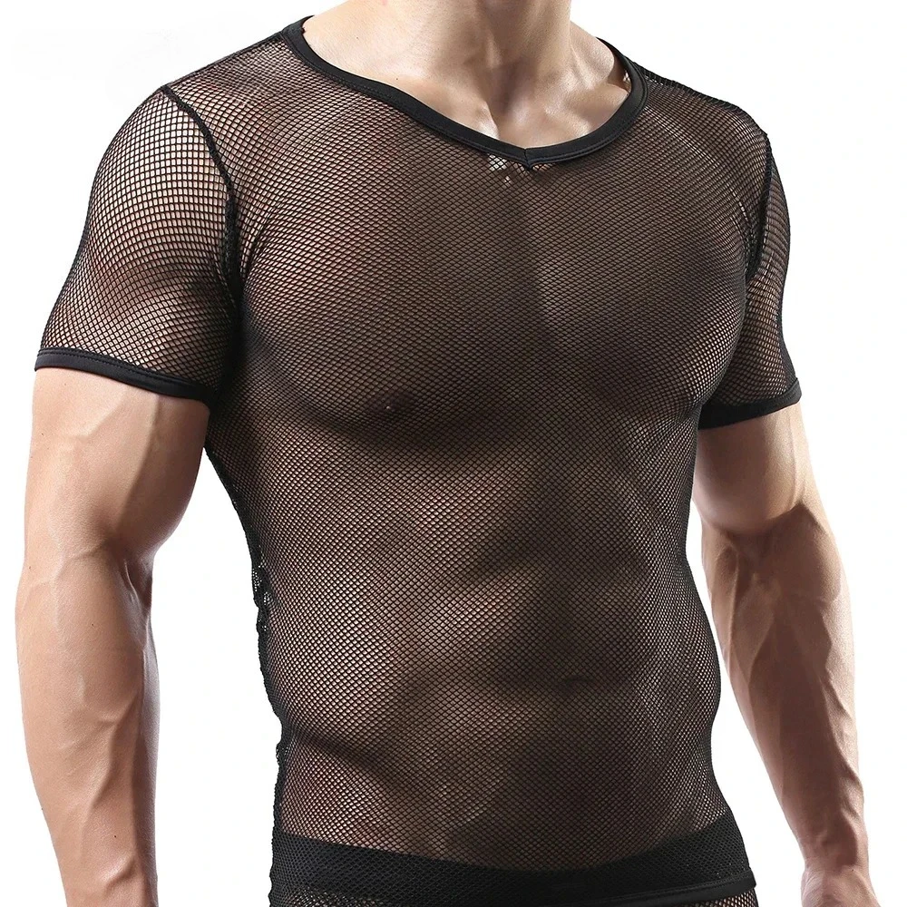 

Fashion Men's Fishnet T Shirt Mesh Breathable V Neck See Through Streetwear Short Sleeve Tees Tops Sexy Party Nightclub Costumes