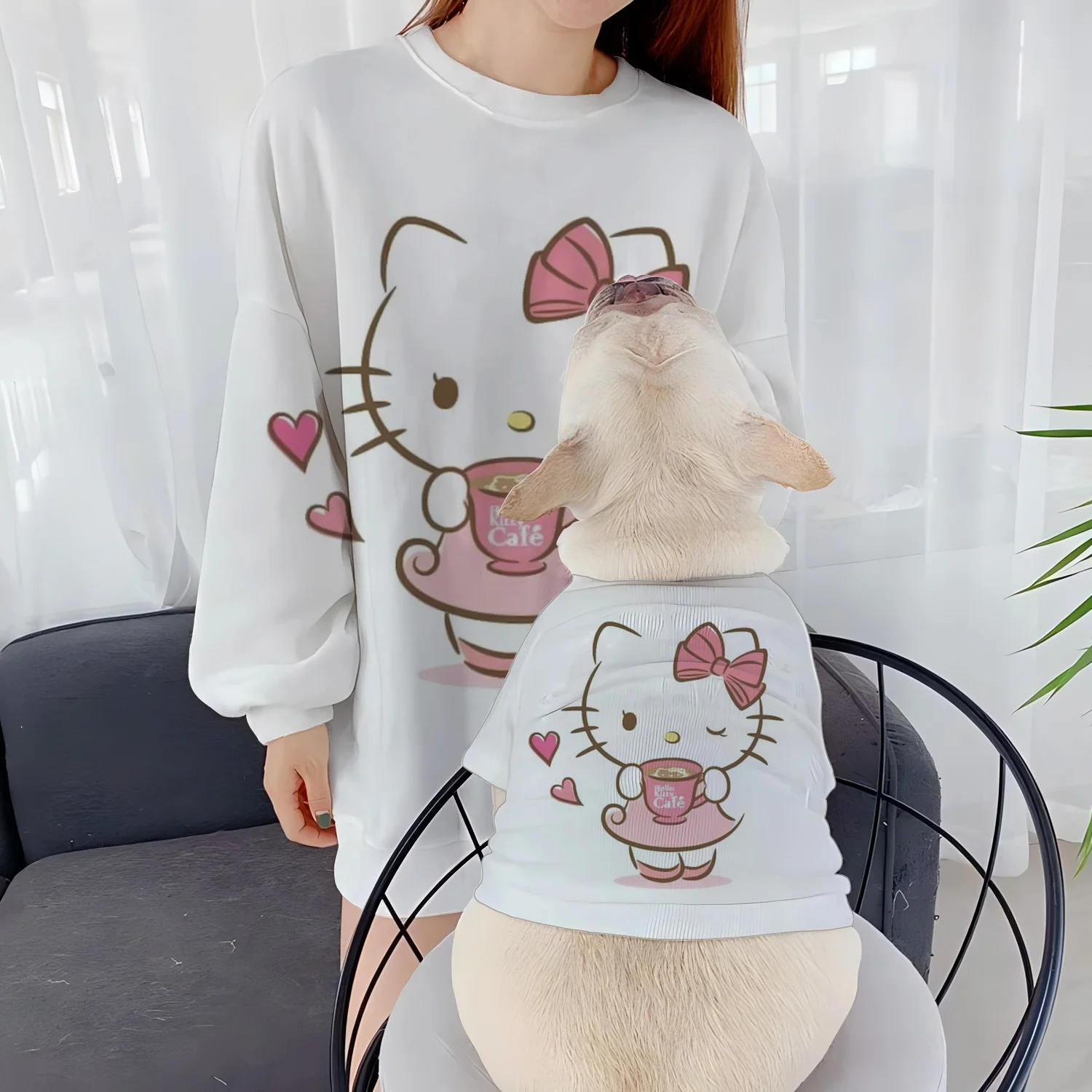 Casual Sweatshirts Round Neck Pet Dog Autumn Women's Clothes Clothing Winter Puppy Pullover Hello Kitty Long Sleeve Parent-Child