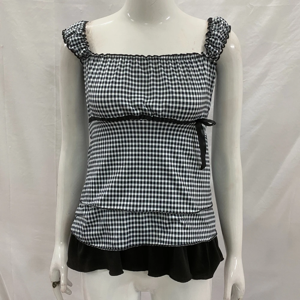 

American Fashion Checkered Lace Sweet Girl Style Strap Short Sleeve Strap Waist T-shirt Y2K