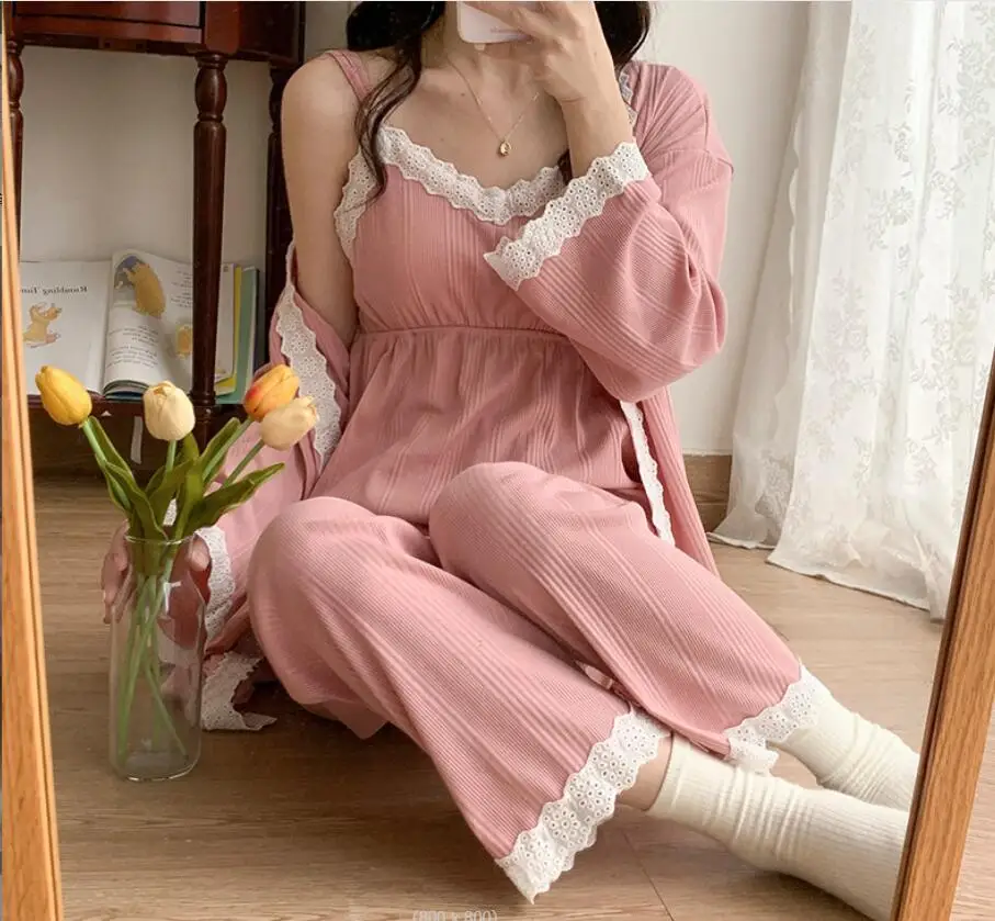 New Lace Pink Cotton Maternity Nursing Sleepwear Elegant Loose Pajamas Suit for Pregnancy Pregnant women breastfeeding pajamas