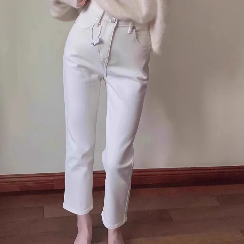 جينز أبيض بخصر عالٍ وساق مستقيمة للنساء، ضيق ومرن، طول ثلاثة أرباع، 45 سم، أنبوبي مدخن، صيفي عادي، قطن مطاطي #5