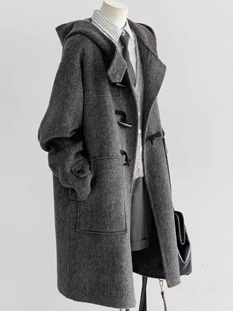 

Женское пальто 202, осень-зима, новое женское смешанное пальто, серое шерстяное пальто с капюшоном и пуговицами, маленький размер, шерстяная куртка в корейском стиле