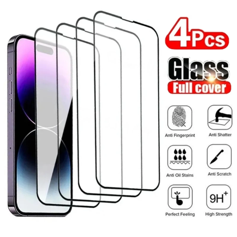 

Черное закаленное защитное стекло 4 шт. для IPhone X XR XS Max 14 Plus 12 13 Mini