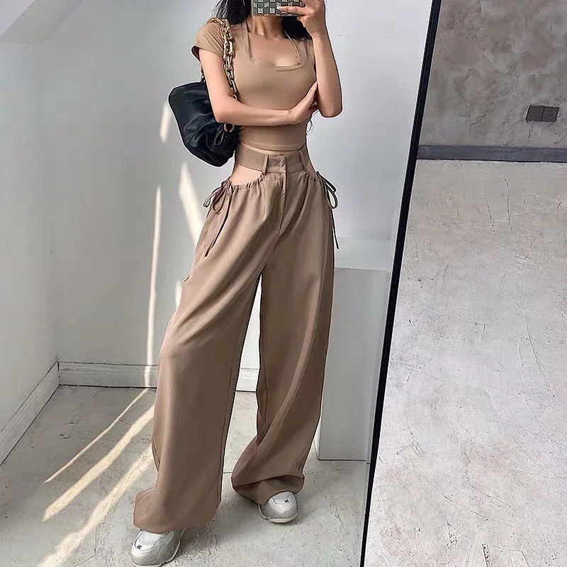 New Fall All-Match Drawstring Sexy Hollow Out Solid Color Trouser 2023 Summer Women High Waist Loose Thin Casual Khaki Pants