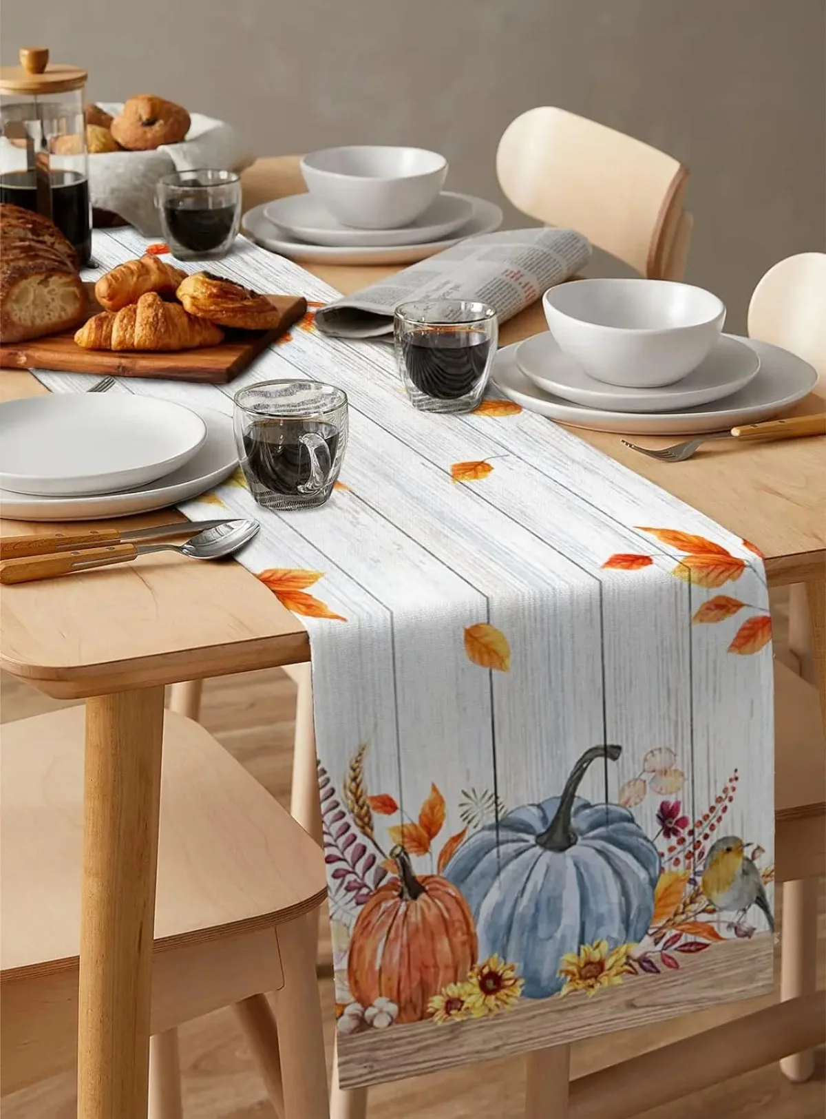 Autunno blu zucca uccello foglie d\'acero rustico venatura del legno Runner da tavola ringraziamento autunno comò sciarpa matrimonio festa Decor