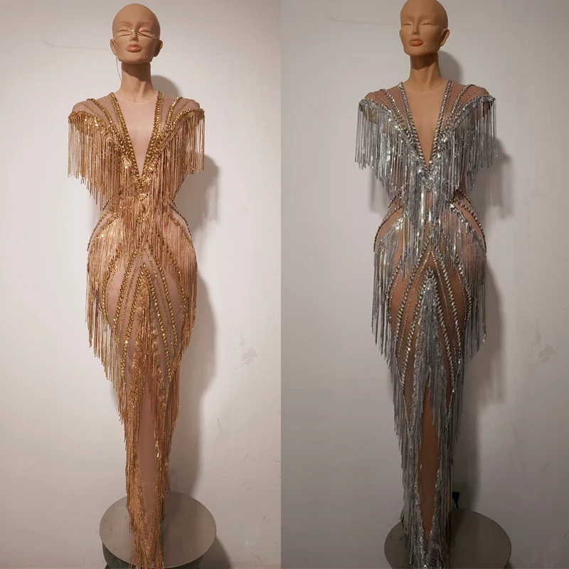 

Gold Silver Rhinestones Fringed Dress Women Sequins Celebrate Evening Dresses Party Costume Festival Outfit Stage Wear XS10274
