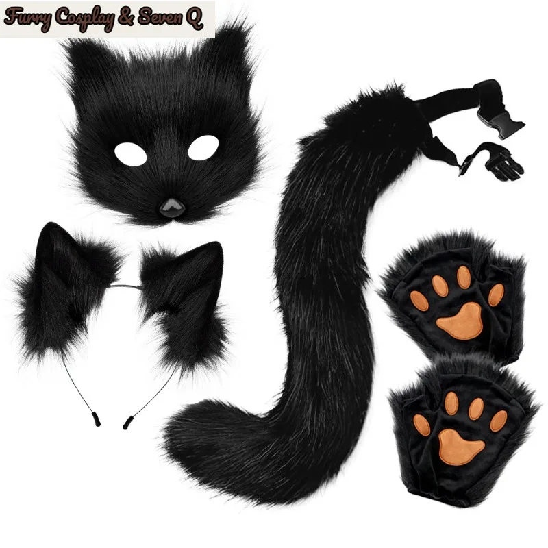 Seven Q Store Halloween Plush Fox Mask Set Animal Claws Simulation Fox Ears Headband Tail Beast Tail Cosplay Accessories 4