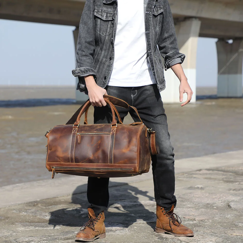 Men Vintage Carry-on Travel Luggage Bags Full Grain Leather Holdall Duffel Weekend Large Capacity Luggage Overnight Shoulder Bag