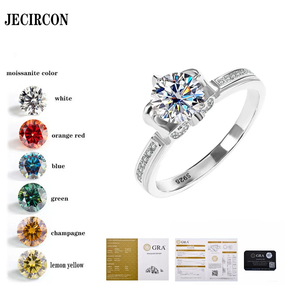 JECIRCON S925 Sterling Silver Moissanite Ring Crown Iris 4 Prongs 1 Carat Moissanite Fashionable  Wedding Diamond Ring for Women