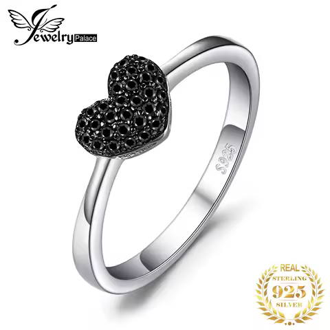 JewelryPalace Heart Love Ring 925 Sterling Silver Ring Girl Cute Natural Black Spinel Promise Ring Gemstones Jewelry for Women