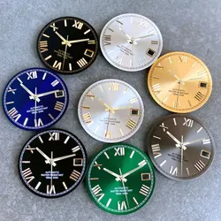 29mm Silver Black Green Sunburst Watch Dial Gold Steel Roman Numeral Fit NH35A Automatic Movement For Seiko Mod Watch Parts