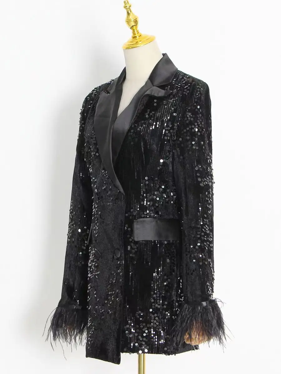 Women New In 2023 European Black Sequin Tailored Jacket Women\'s Mid Length Ostrich Shiny Party Casual Bling Blazer Top Clothing