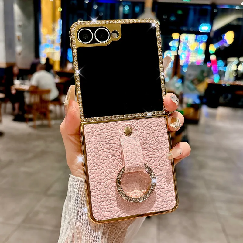 

Чехол для телефона с блестящим бриллиантовым кольцом на палец для Samsung Galaxy Z Flip 7 Z Flip6 Flip 5 Flip 4 3, роскошный блестящий кожаный чехол с покрытием