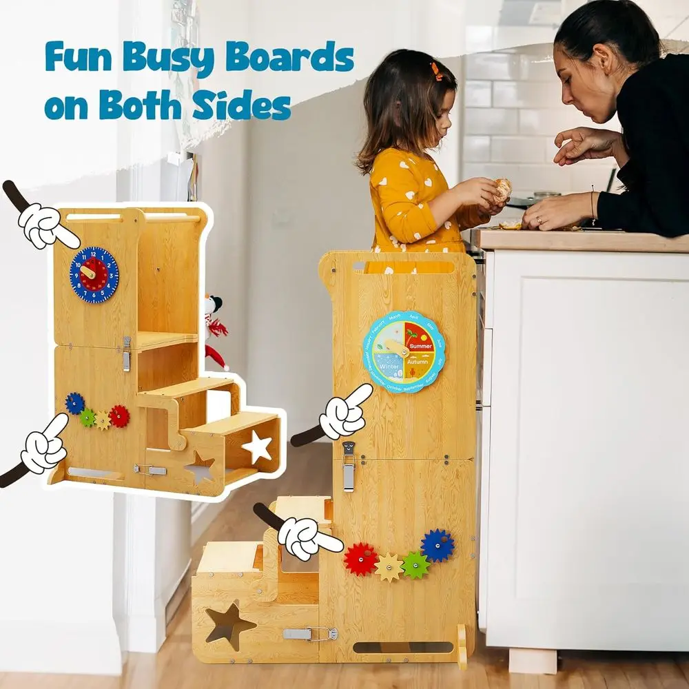 Aiutante da cucina pieghevole per bambini ad altezza regolabile, converte al tavolo e sullo scaffale, incoraggia l'autufficienza nei lavori quotidiani