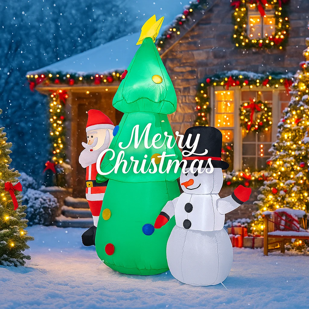 4.92FT Inflatable Toy Christmas Decor Set Santa Claus Tree Snowman Xmas Yard  Ornament  LED Xmas Decor Christmas Gatherings