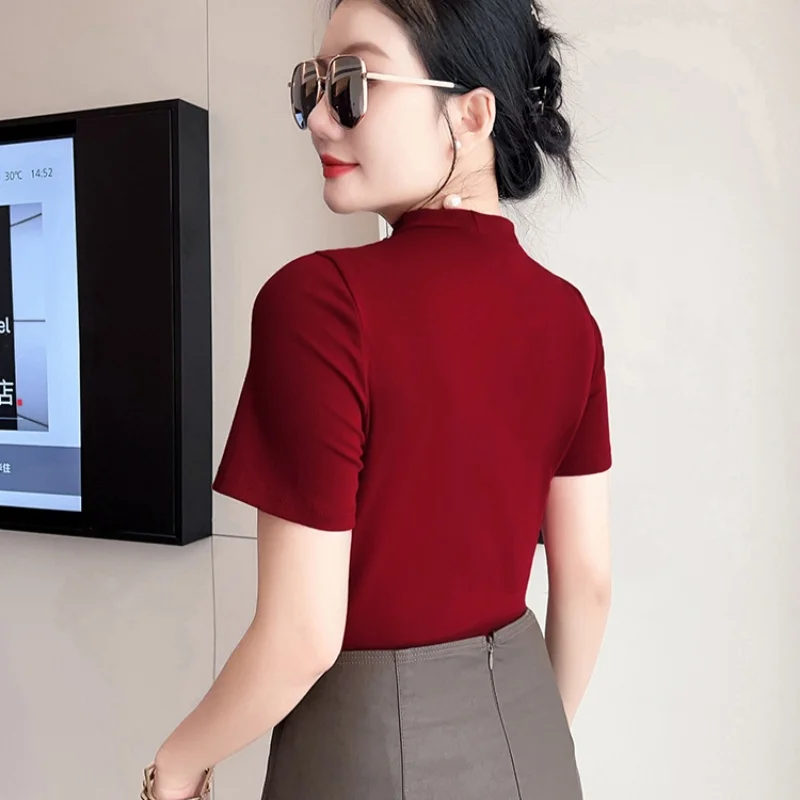 Sexy Hollow Out V-Collar Hot Diamond Female T-shirt High Quality Short Sleeved Splice Summer Women Tops Ladiess Fashion Clothing