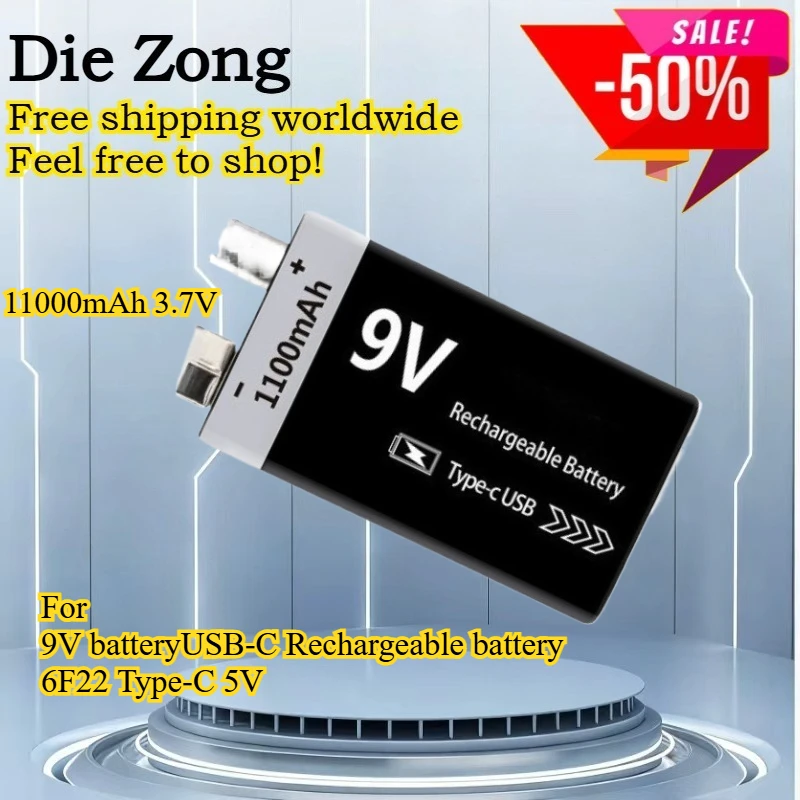 NewFor Battery USB-C 11000mAh 3.7V Rechargeable Battery 6F22 For Toy Microphone Multimeter Type-C 5V Charging